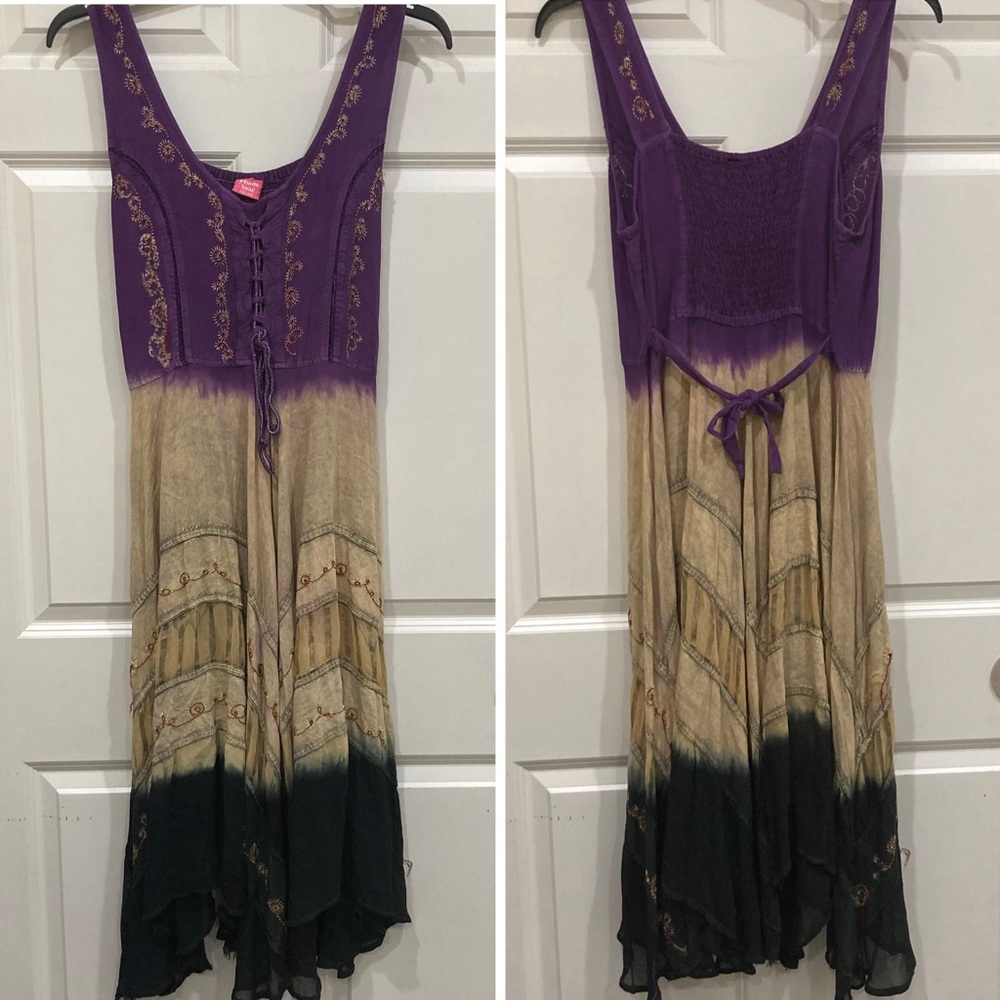 Vintage Fashion Free Size embroidery purple beige black hippie boho burner dress